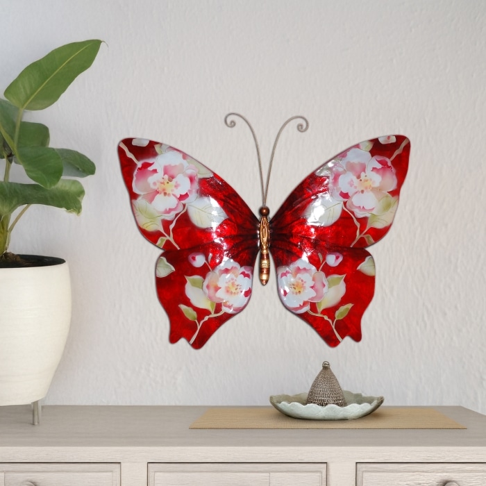 Butterfly Wall Decor Red With Flowers <br>(Item # m2013)