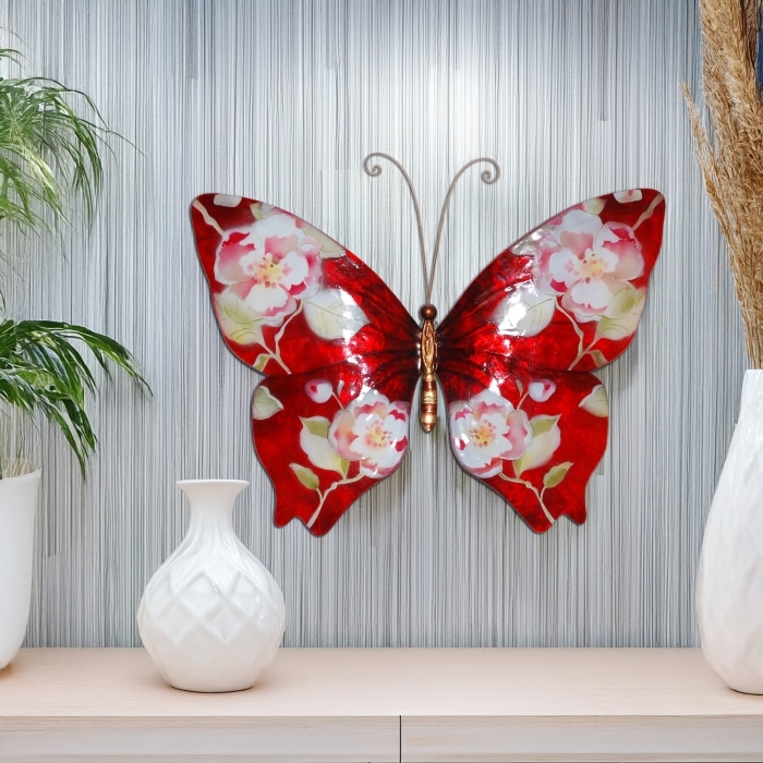 Butterfly Wall Decor Red With Flowers <br>(Item # m2013) - Image 2