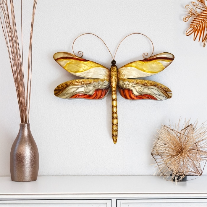 Dragonfly Wall Decor Pearl Tan And Brown <br>(Item # m4018)
