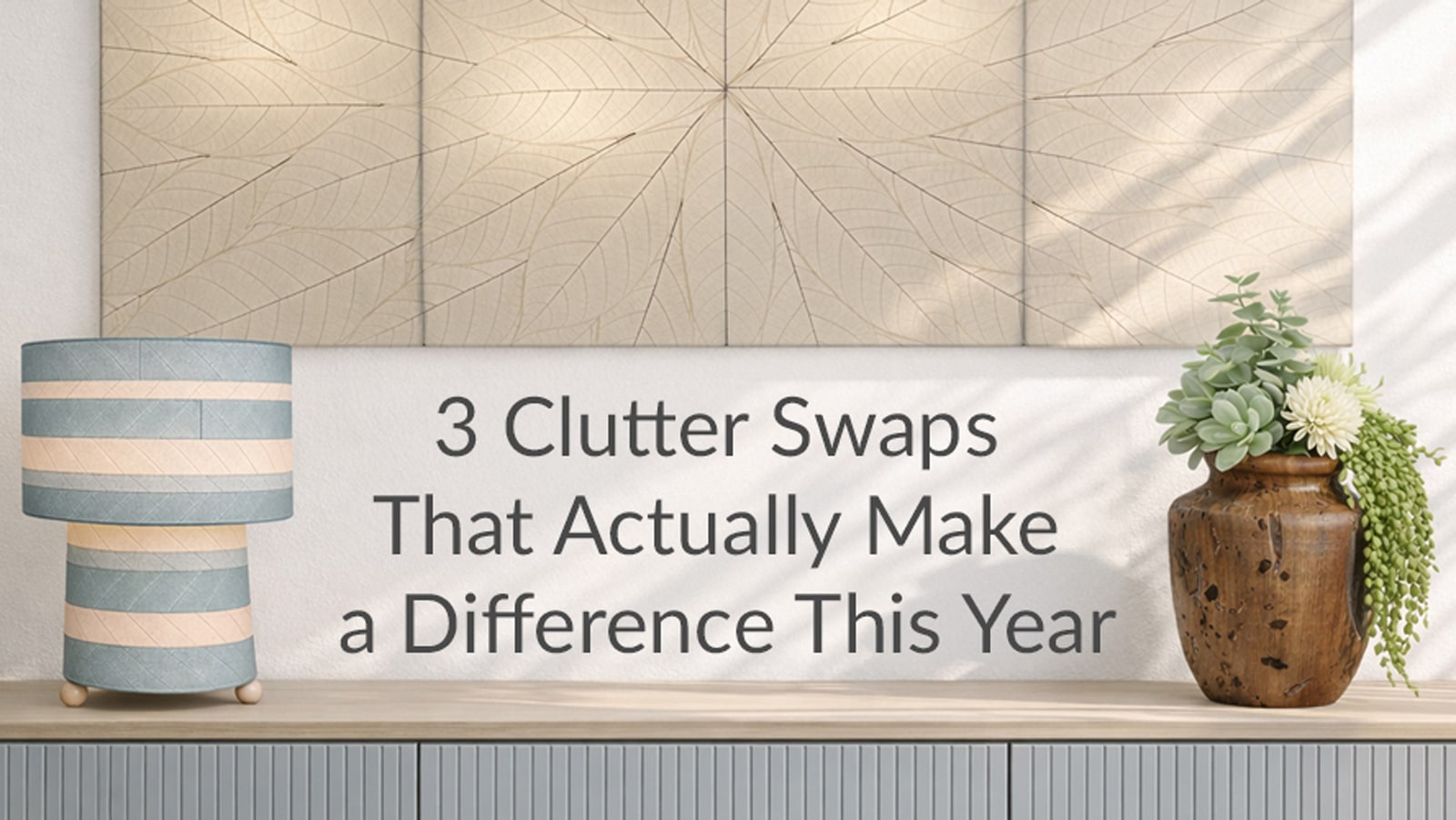 A modern console table holds a striped lamp and a rustic vase with greenery and white flowers. Above, leafy-patterned wall art hangs, while the text reads, “3 Clutter Swaps That Actually Make a Difference This Year.”.