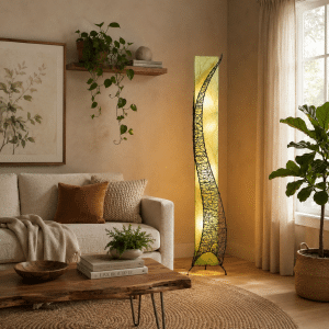 Biophilic design living room with glowing green leaf floor lamp, natural textures, indoor plants, warm light, and woven materials