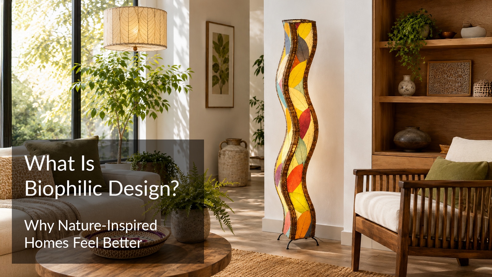 What is biophilic design hero image showing a nature-inspired living room with warm light and handcrafted décor
