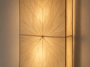 Biophilic design detail of warm light filtering through real leaf material on a handcrafted wall lamp